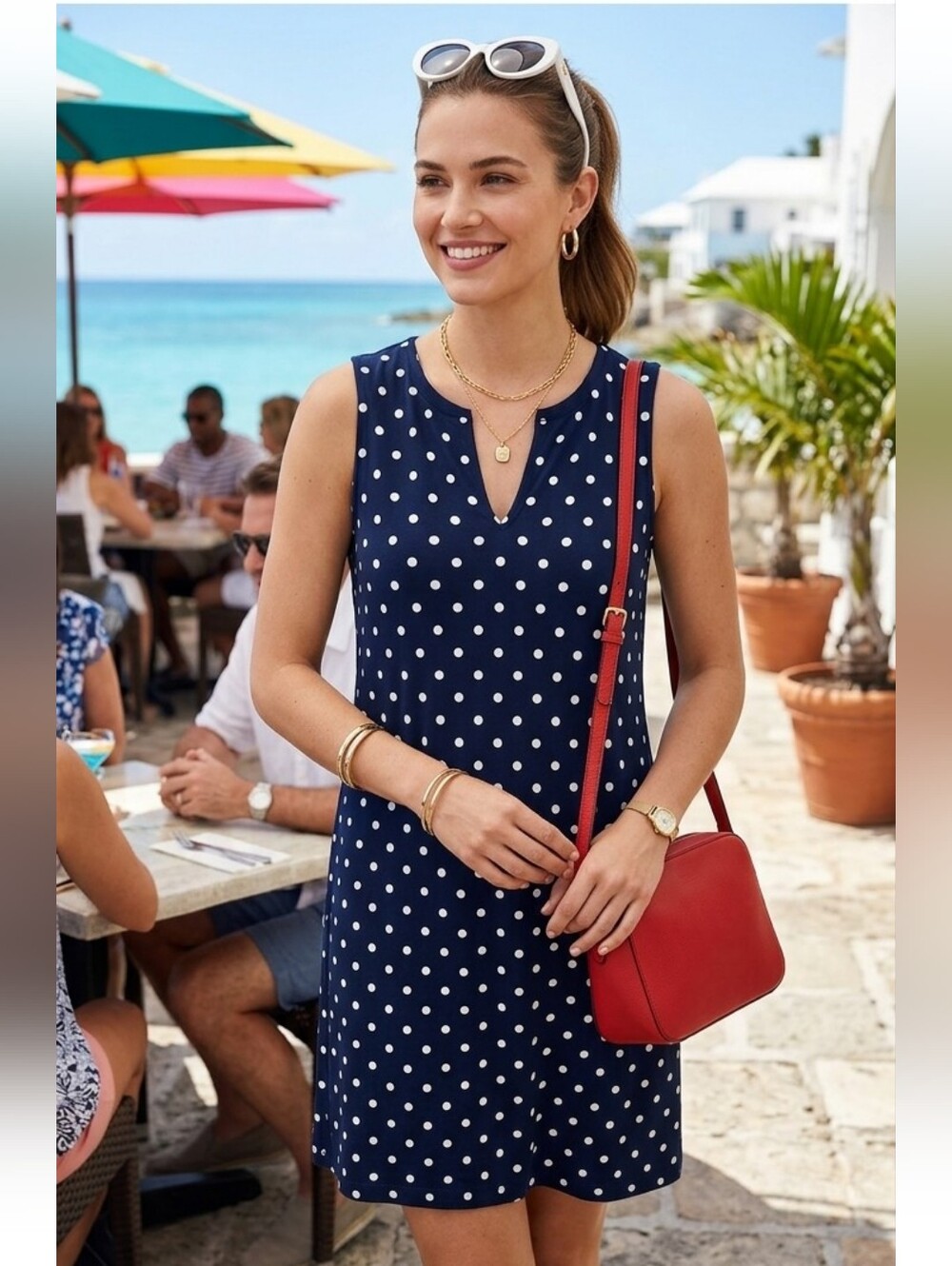 Lands End Dress Navy Blue Polka dot Sleeveless Summer dress